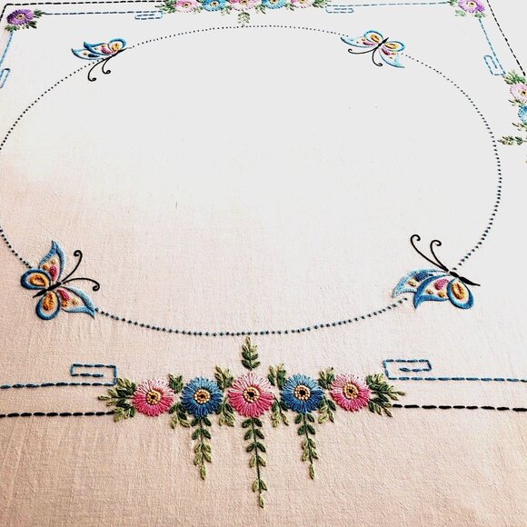 Antique Embroidered Ecru Bedspread 1923 Bucilla Double Bed Flowers Butterflies - Picture 11 of 16
